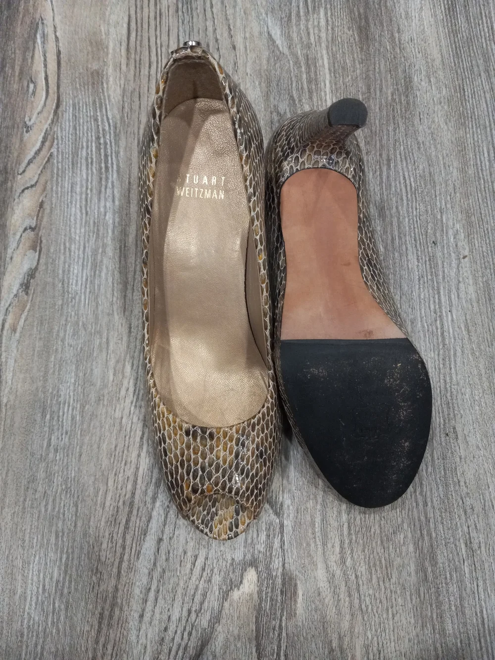 Stuart Weitzman Women's Ivory Snake Print Open Peep-Toe Heels